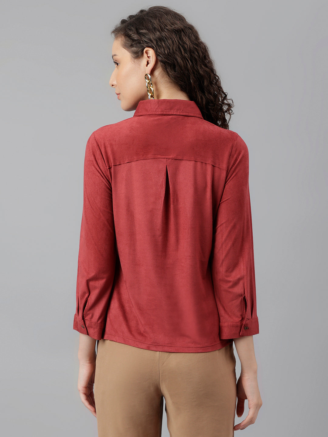 Maroon Full Sleeve Solid Shirt Blouse Top