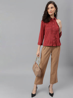 Maroon Full Sleeve Solid Shirt Blouse Top