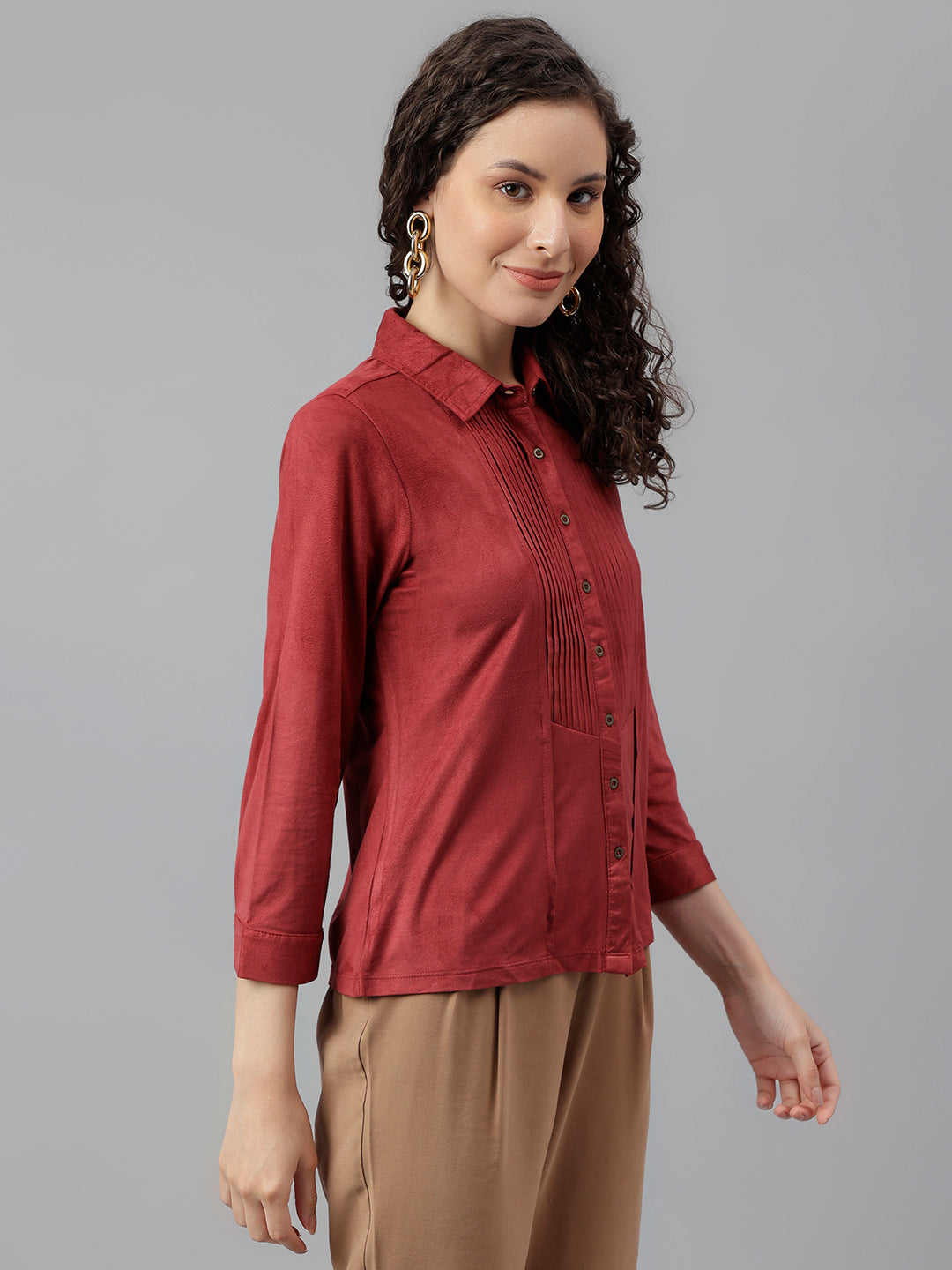 Maroon Full Sleeve Solid Shirt Blouse Top