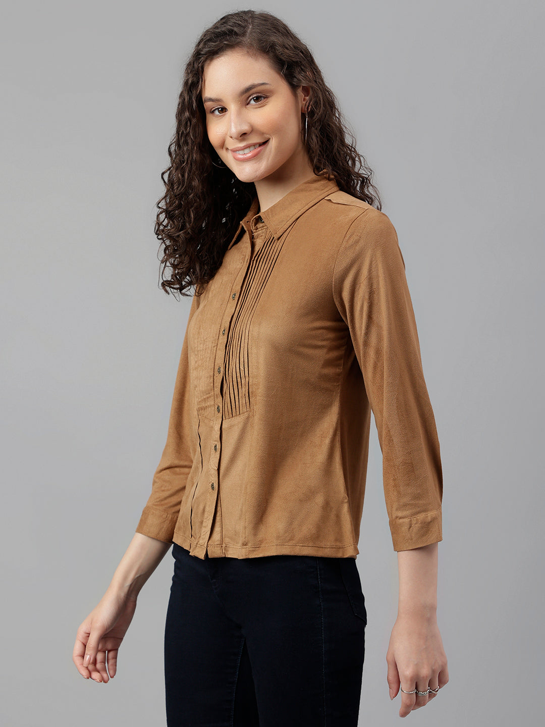 Brown Full Sleeve Solid Shirt Blouse Top