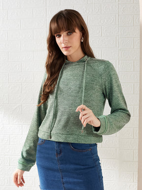 Latin Quarters Women's Green Full Sleeves Stand Collar Self Design Casual Crop Sweatshirt