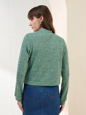 Latin Quarters Women's Green Full Sleeves Stand Collar Self Design Casual Crop Sweatshirt