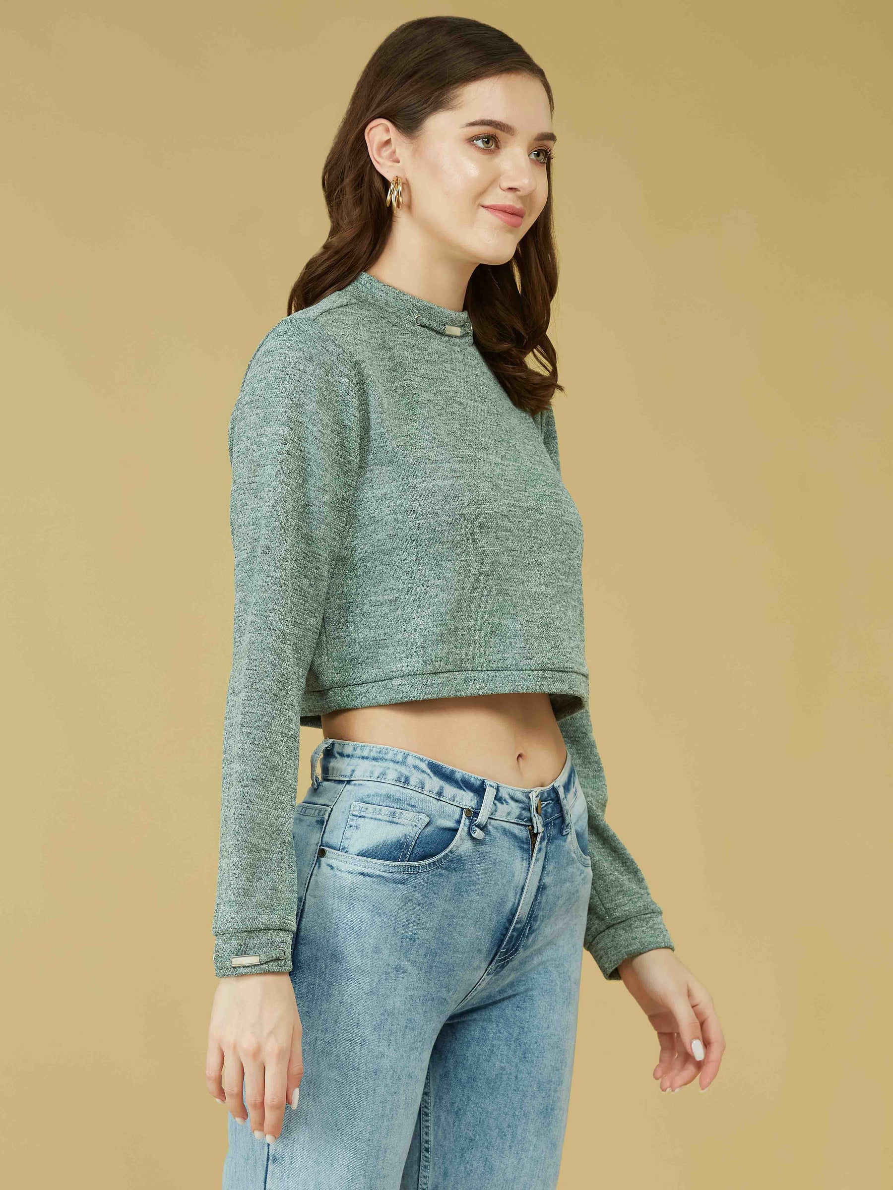 Light Green Full Sleeve Solid Knit Top