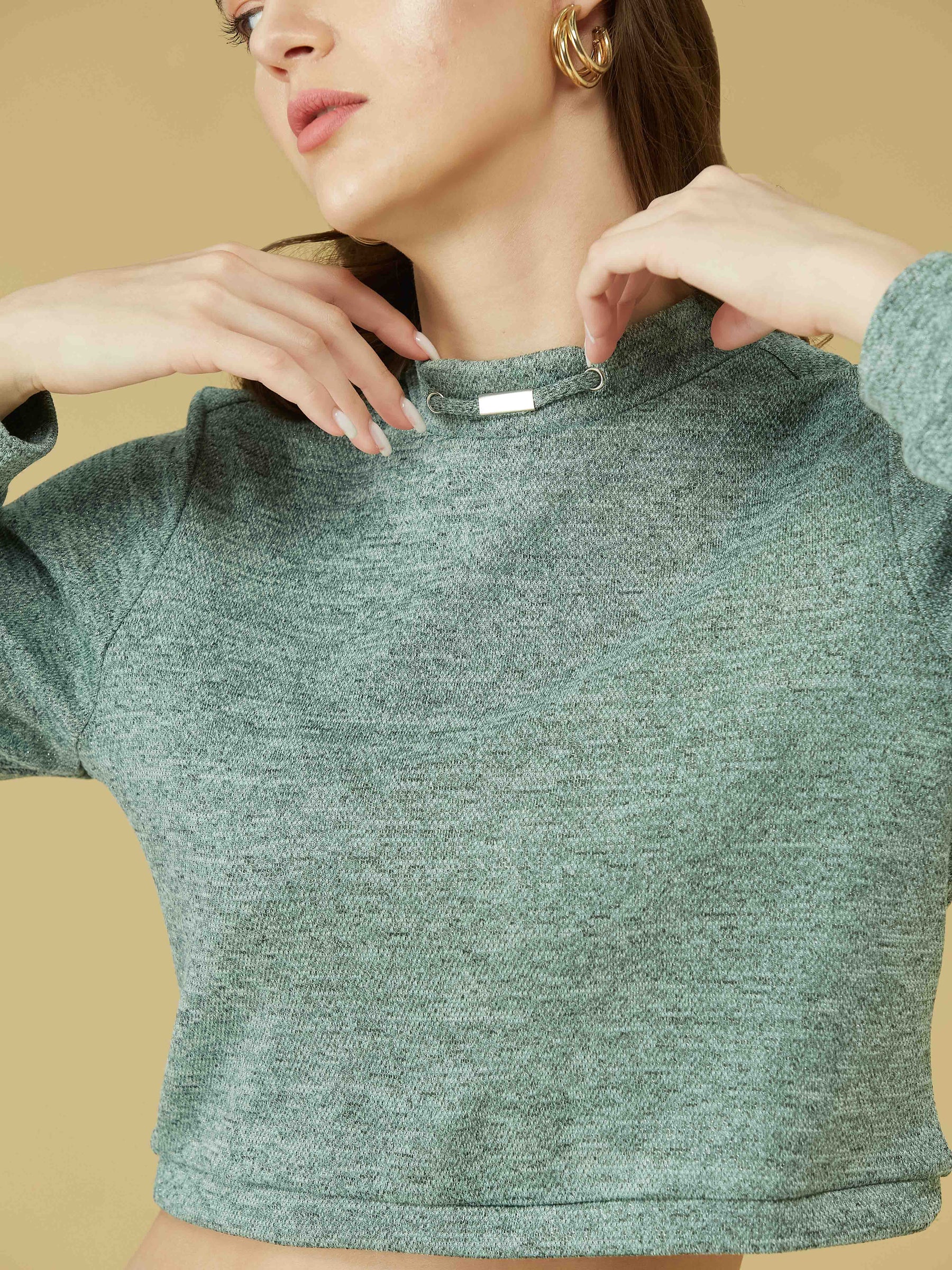 Light Green Full Sleeve Solid Knit Top