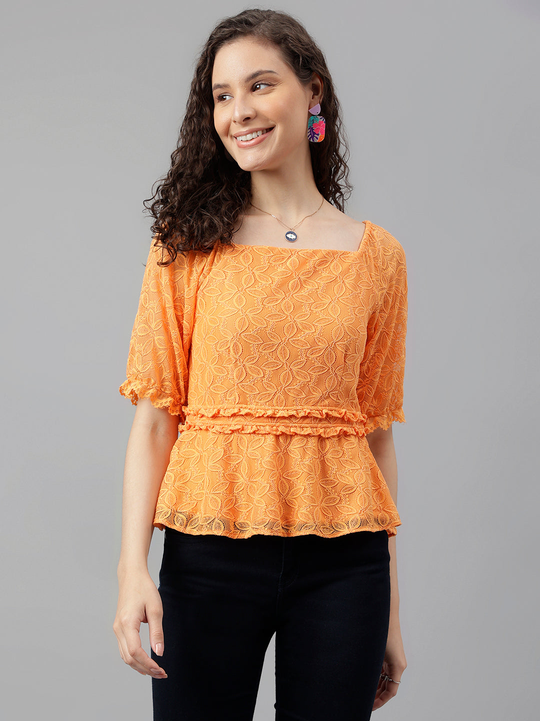 Papaya Square Neck Half Sleeve Solid Top