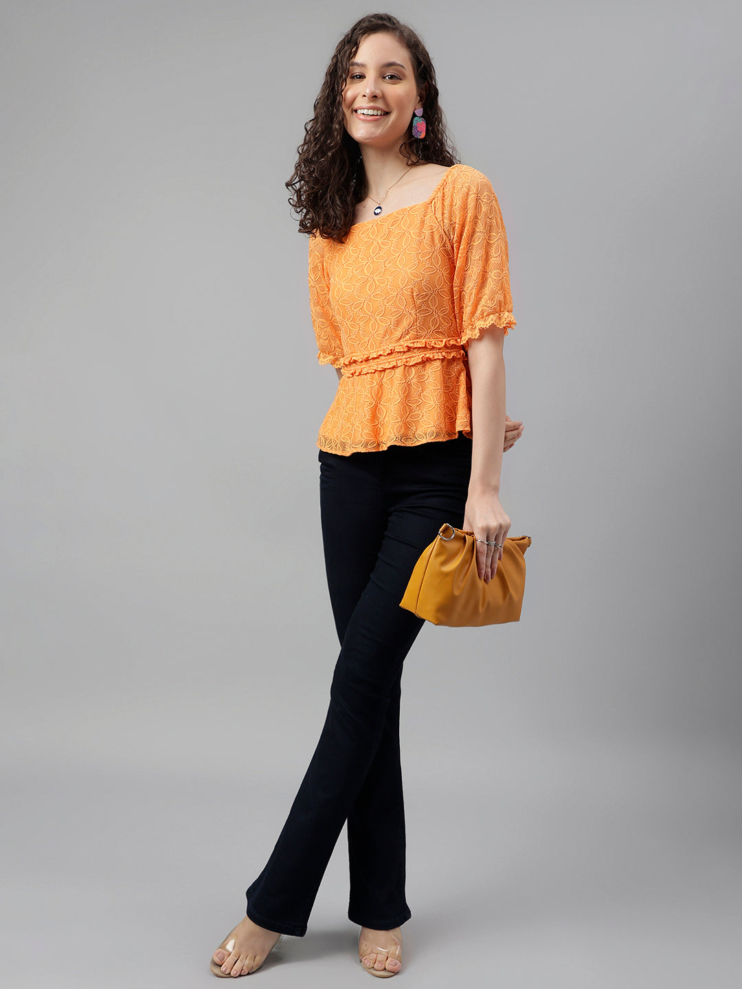 Papaya Square Neck Half Sleeve Solid Top