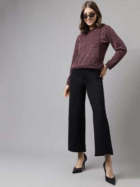 Wine Full Sleeve Solid Knit Top