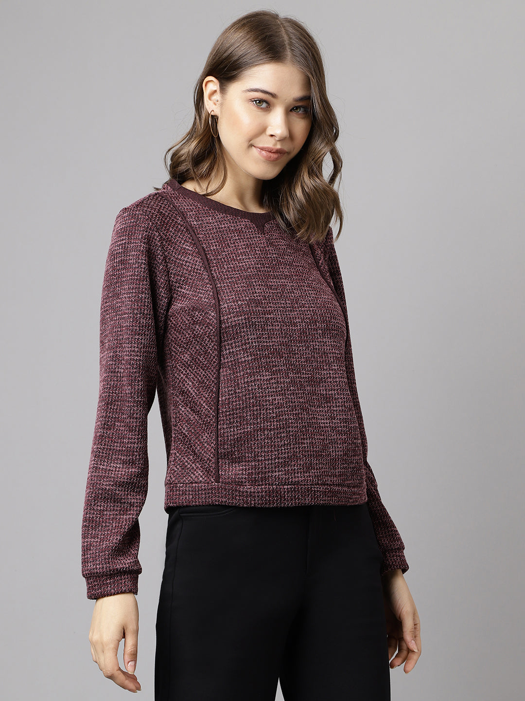 Wine Full Sleeve Solid Knit Top