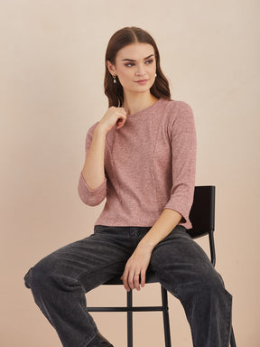 Latin Quarters Women Pink Solid Round Neck 3/4th Sleeves Top for Casual Occasion