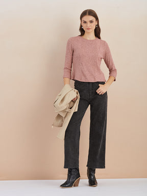 Latin Quarters Women Pink Solid Round Neck 3/4th Sleeves Top for Casual Occasion