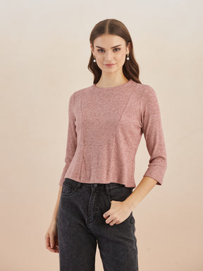 Latin Quarters Women Pink Solid Round Neck 3/4th Sleeves Top for Casual Occasion