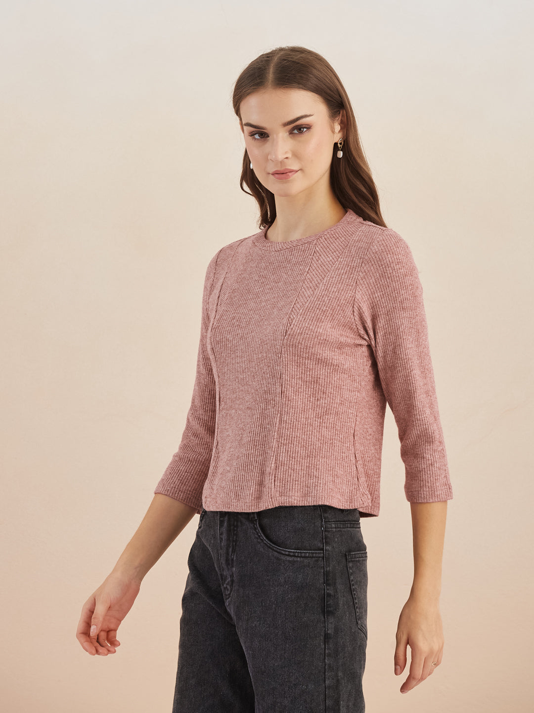 Latin Quarters Women Pink Solid Round Neck 3/4th Sleeves Top for Casual Occasion