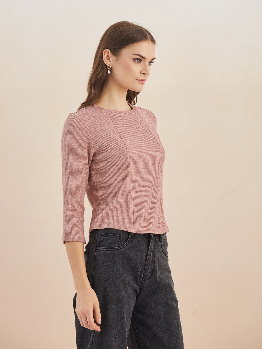 Latin Quarters Women Pink Solid Round Neck 3/4th Sleeves Top for Casual Occasion