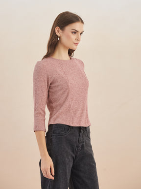 Latin Quarters Women Pink Solid Round Neck 3/4th Sleeves Top for Casual Occasion