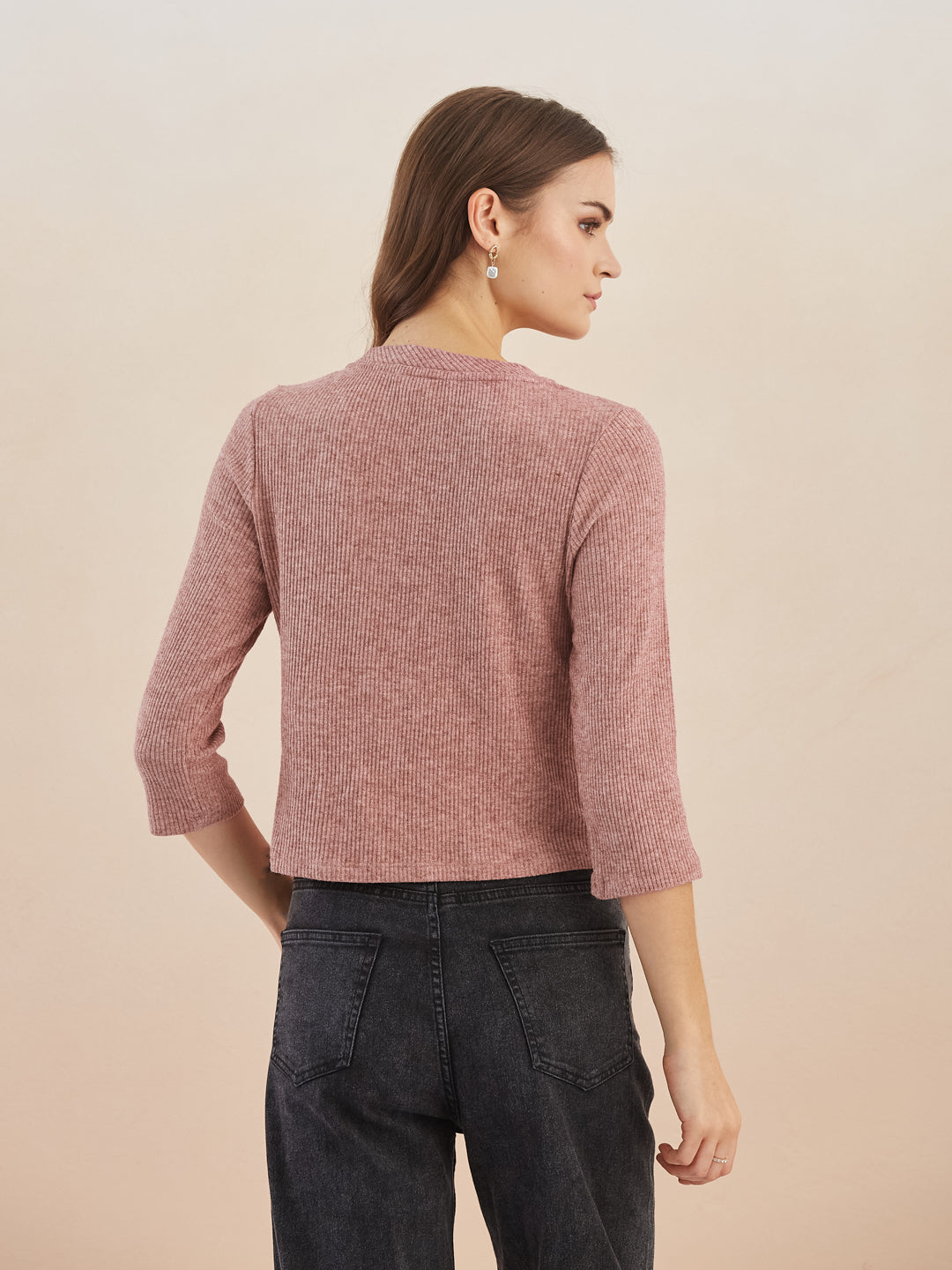 Latin Quarters Women Pink Solid Round Neck 3/4th Sleeves Top for Casual Occasion