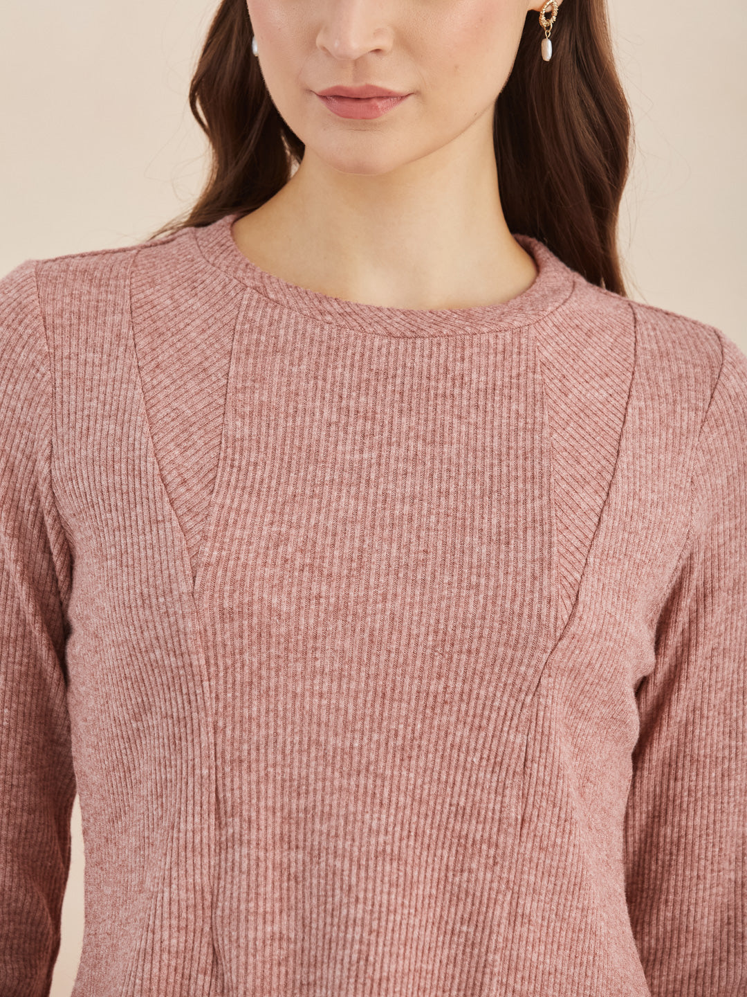 Latin Quarters Women Pink Solid Round Neck 3/4th Sleeves Top for Casual Occasion