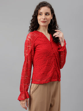Red Full Sleeve Solid Knit Top