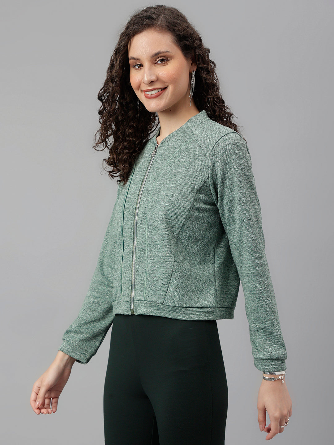 Green Full Sleeve Solid Sweatshirt Knit Top