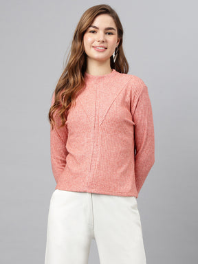 Coral Round Neck Long Sleeves Solid Top For Casual Wear