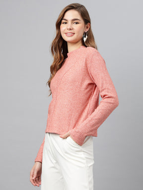 Coral Round Neck Long Sleeves Solid Top For Casual Wear