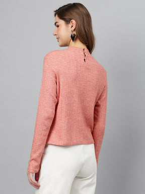 Coral Round Neck Long Sleeves Solid Top For Casual Wear