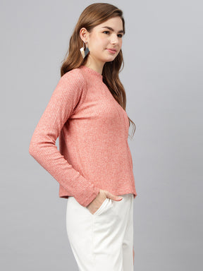 Coral Round Neck Long Sleeves Solid Top For Casual Wear