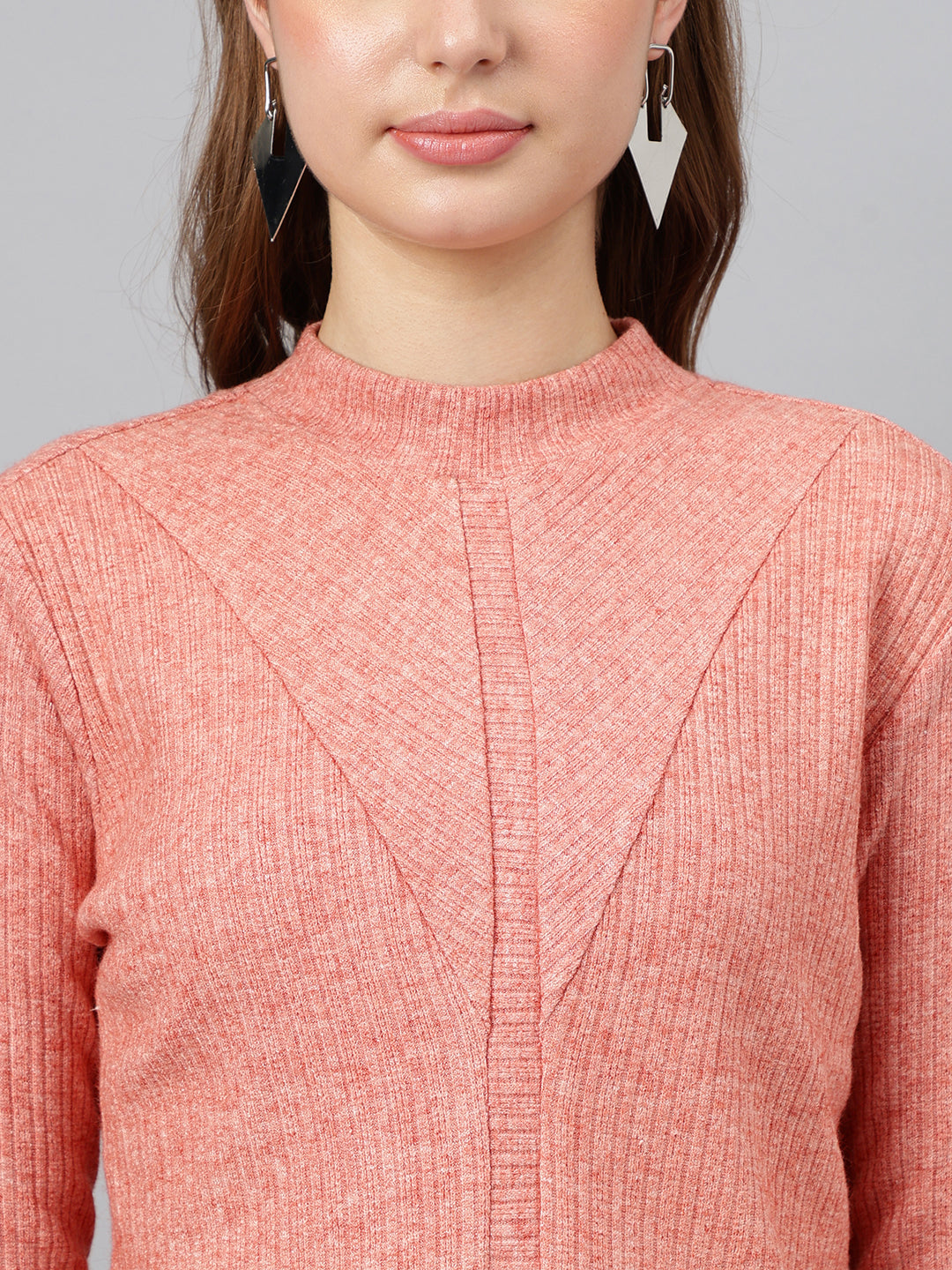 Coral Round Neck Long Sleeves Solid Top For Casual Wear