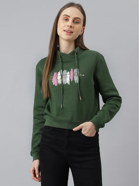 Green Full Sleeves Crop Casual Printed Sweatshirt