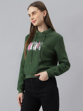 Green Full Sleeves Crop Casual Printed Sweatshirt