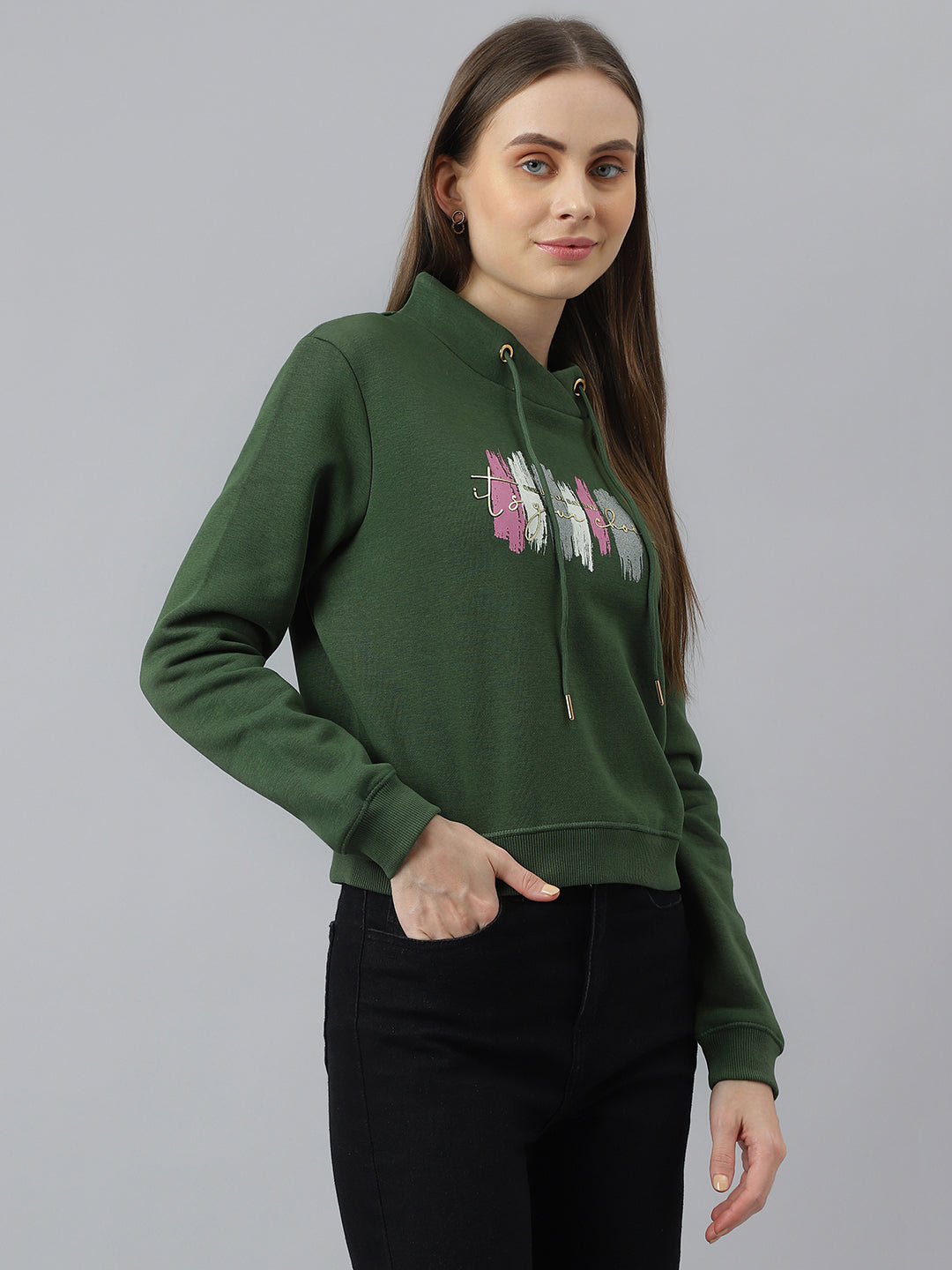 Green Full Sleeves Crop Casual Printed Sweatshirt