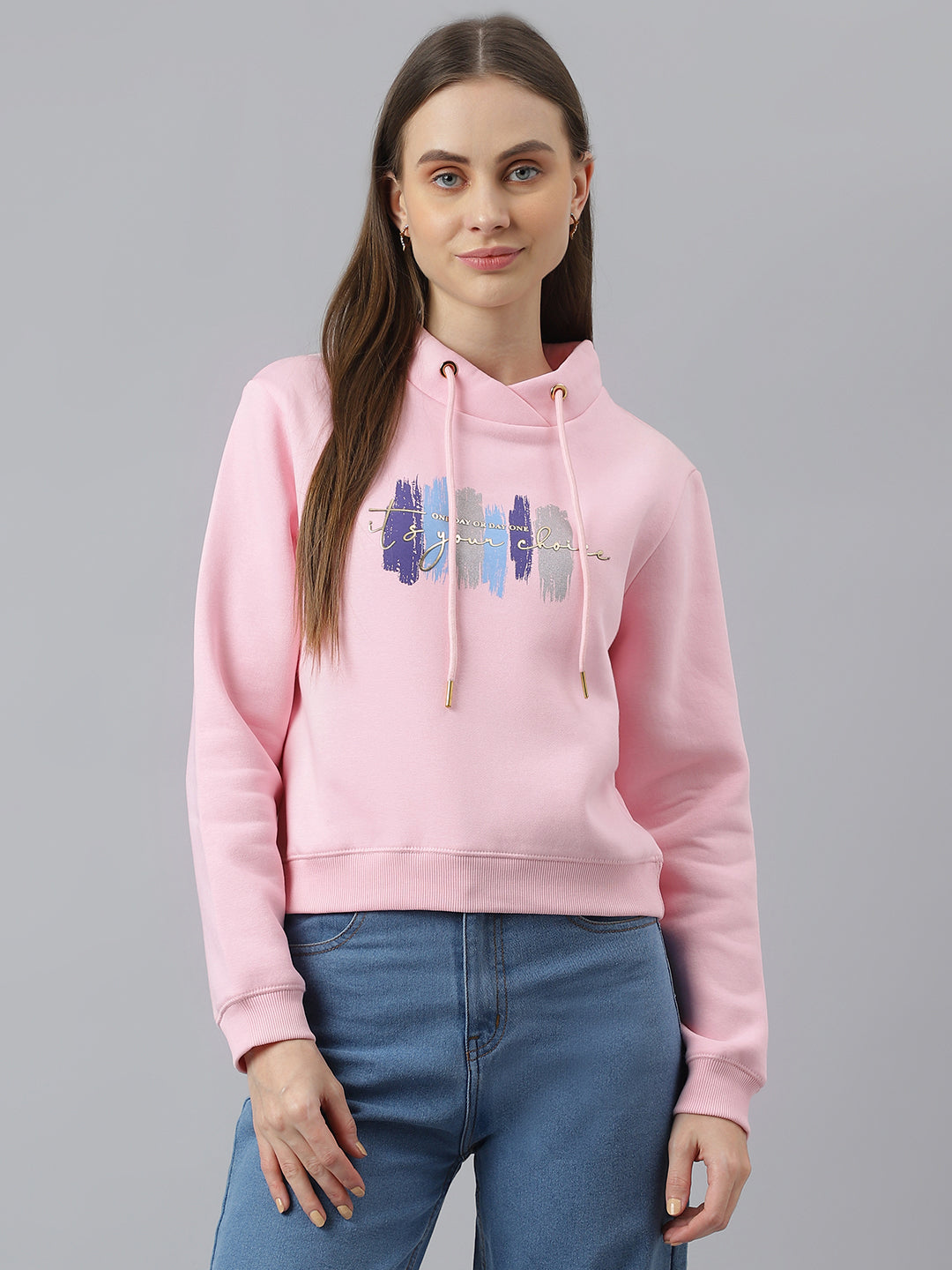 Pink Full Sleeves Crop Casual Printed Sweatshirt