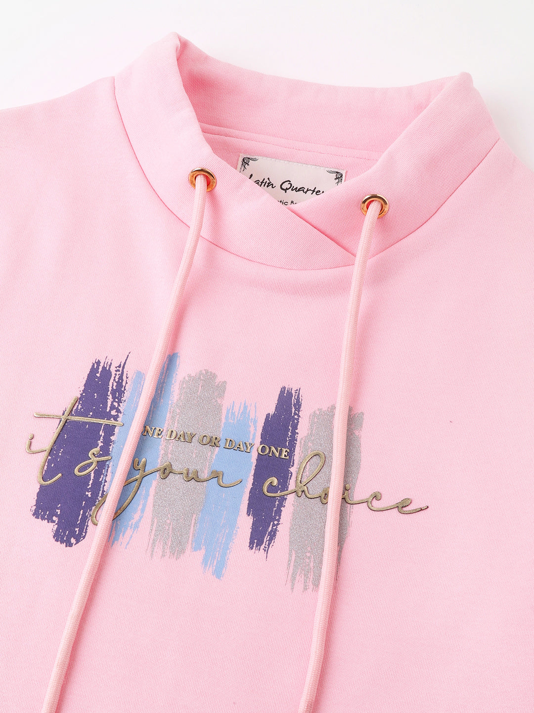 Pink Full Sleeves Crop Casual Printed Sweatshirt