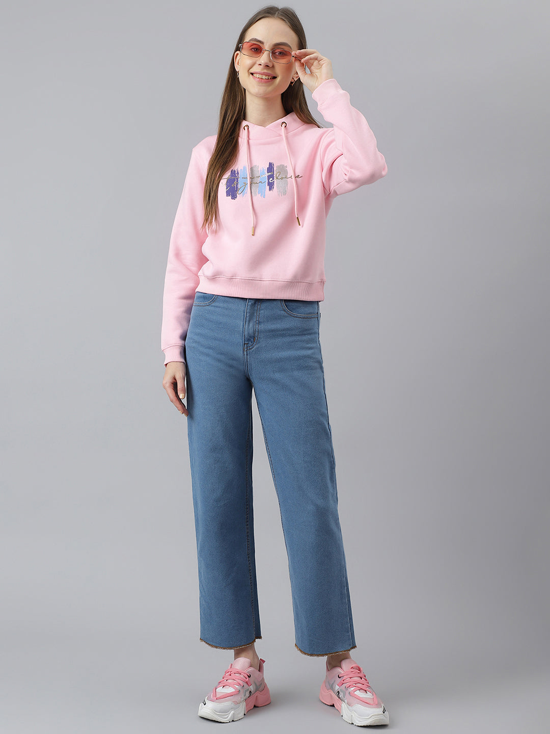 Pink Full Sleeve Short Sweatshirt Knit Top