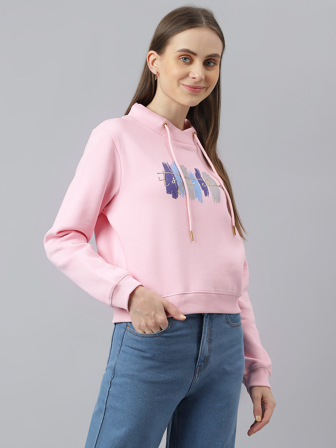 Pink Full Sleeve Short Sweatshirt Knit Top