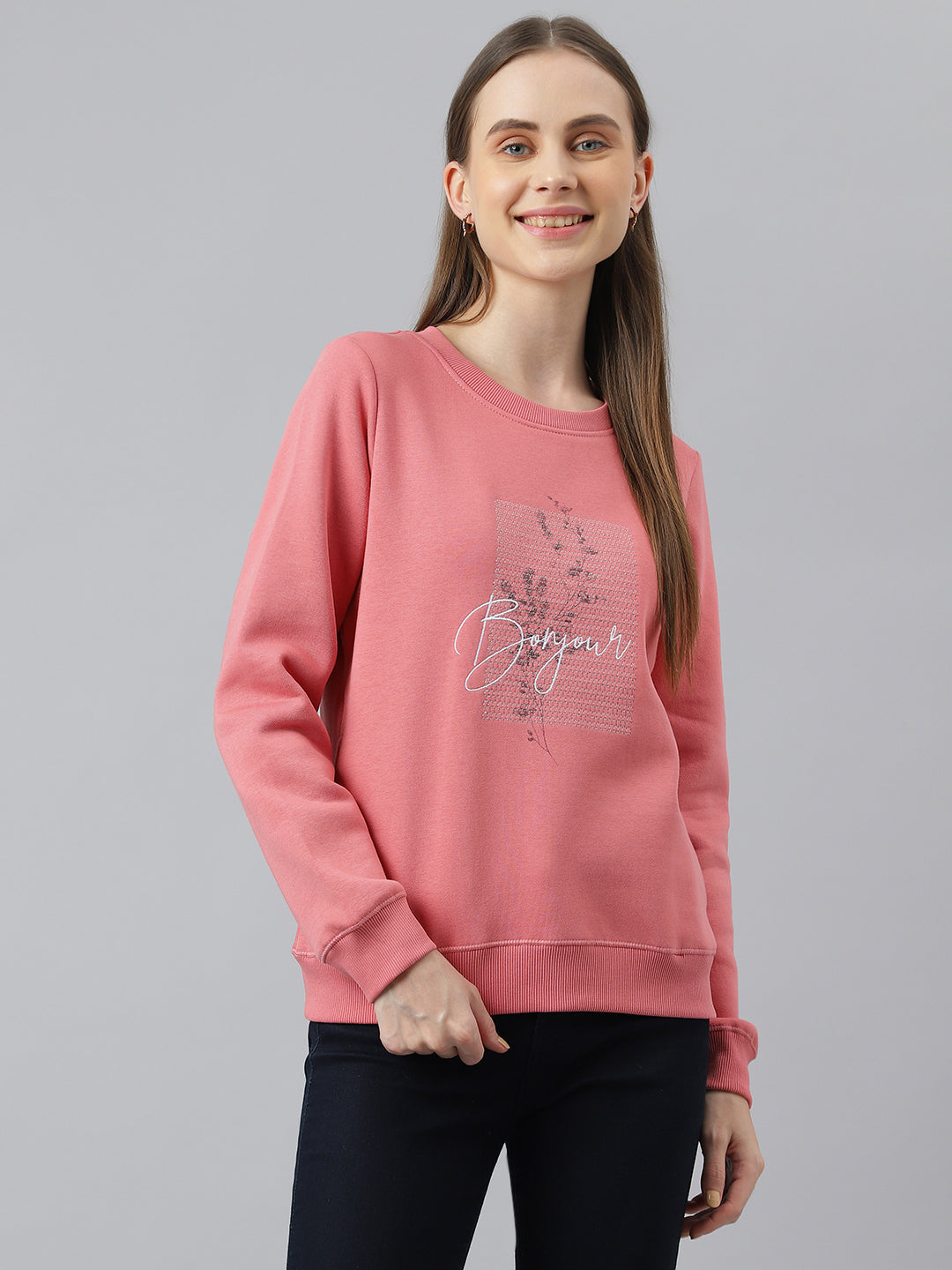 Coral Full Sleeves Casual Printed Sweatshirt