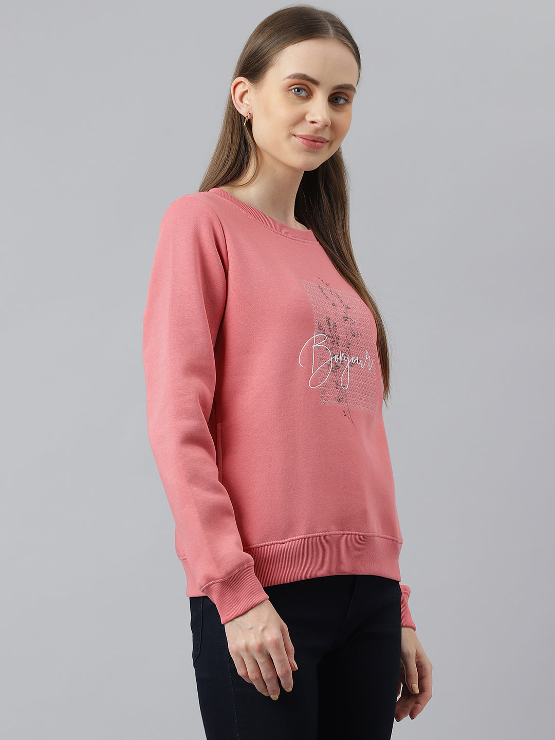 Coral Full Sleeves Casual Printed Sweatshirt