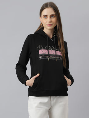 Black Full Sleeve Hoodie Sweatshirt Knit Top for Women