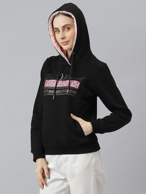 Black Full Sleeve Hoodie Sweatshirt Knit Top for Women