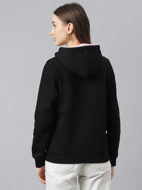 Black Full Sleeve Hoodie Sweatshirt Knit Top for Women