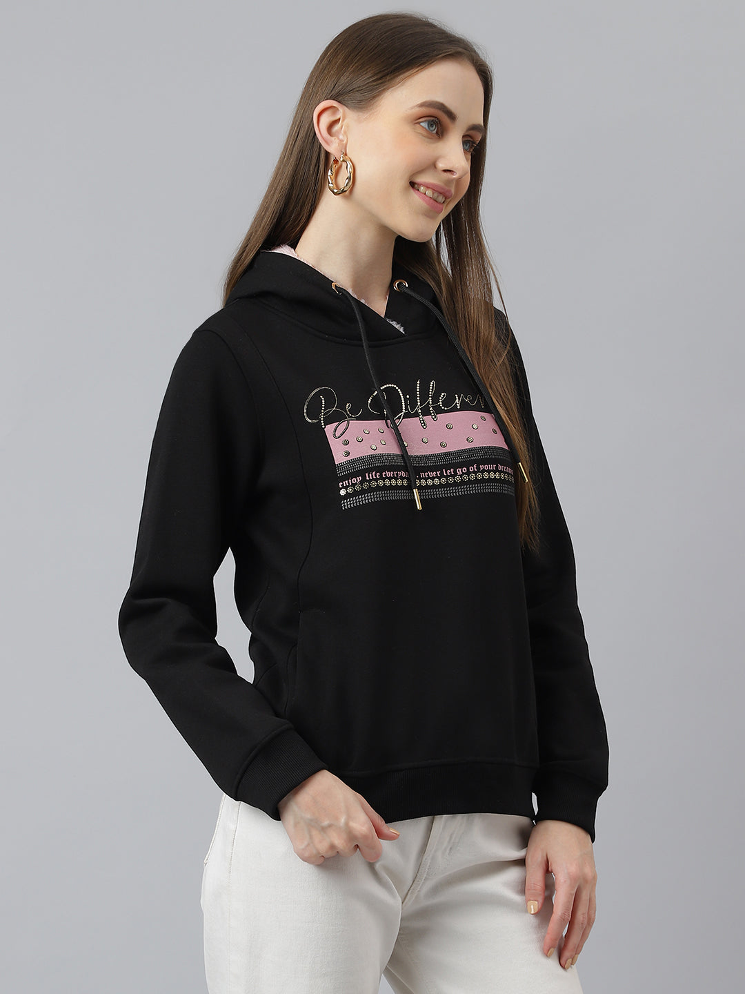 Black Full Sleeve Hoodie Sweatshirt Knit Top for Women