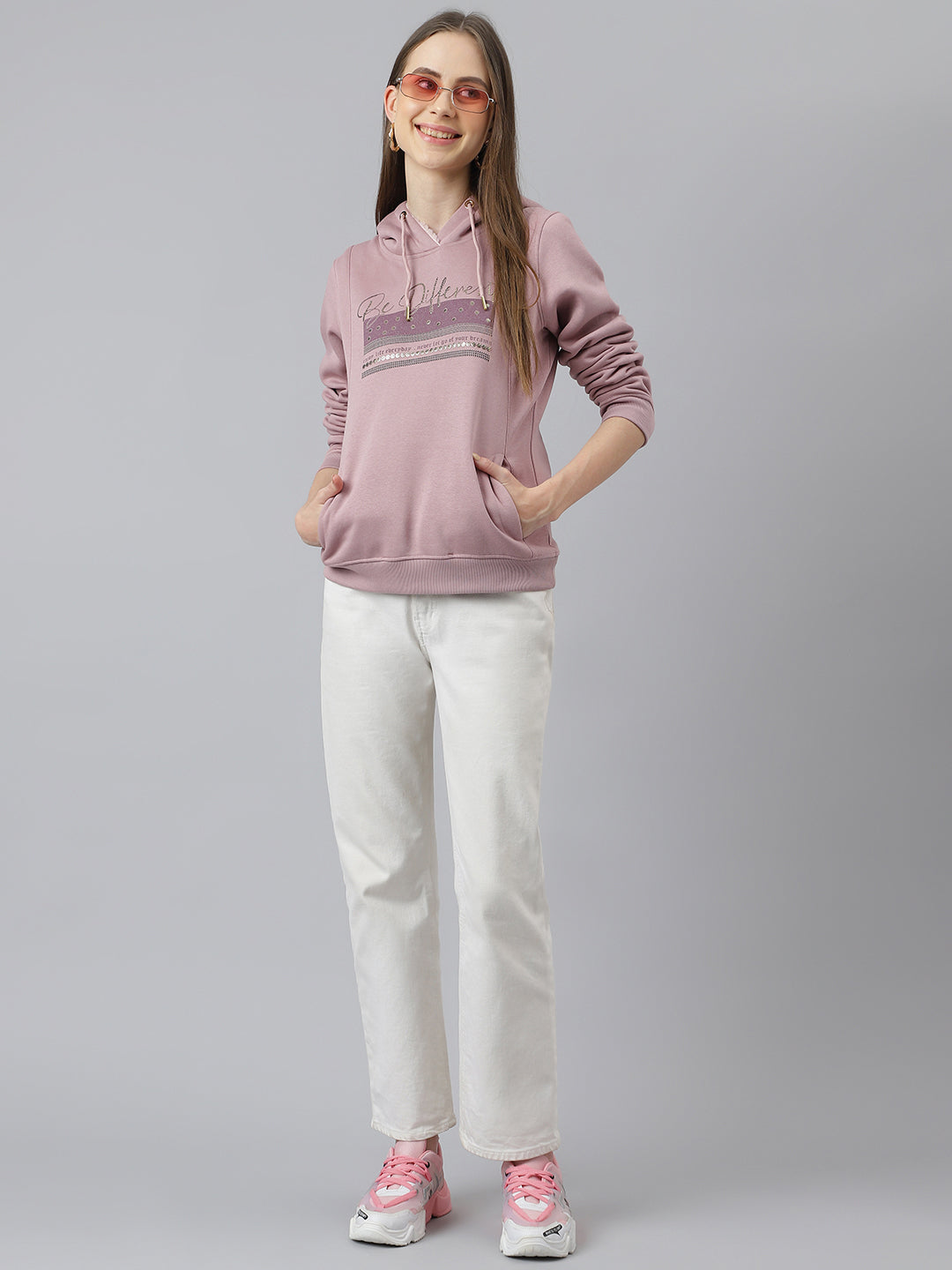 Pink Full Sleeve Hoodie Sweatshirt Knit Top for Women