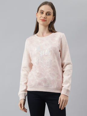 Beige Full Sleeve Round Neck Sweatshirt Knit Top for Women