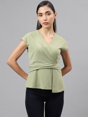 Green Cap Sleeve V-Neck Solid Knit Top