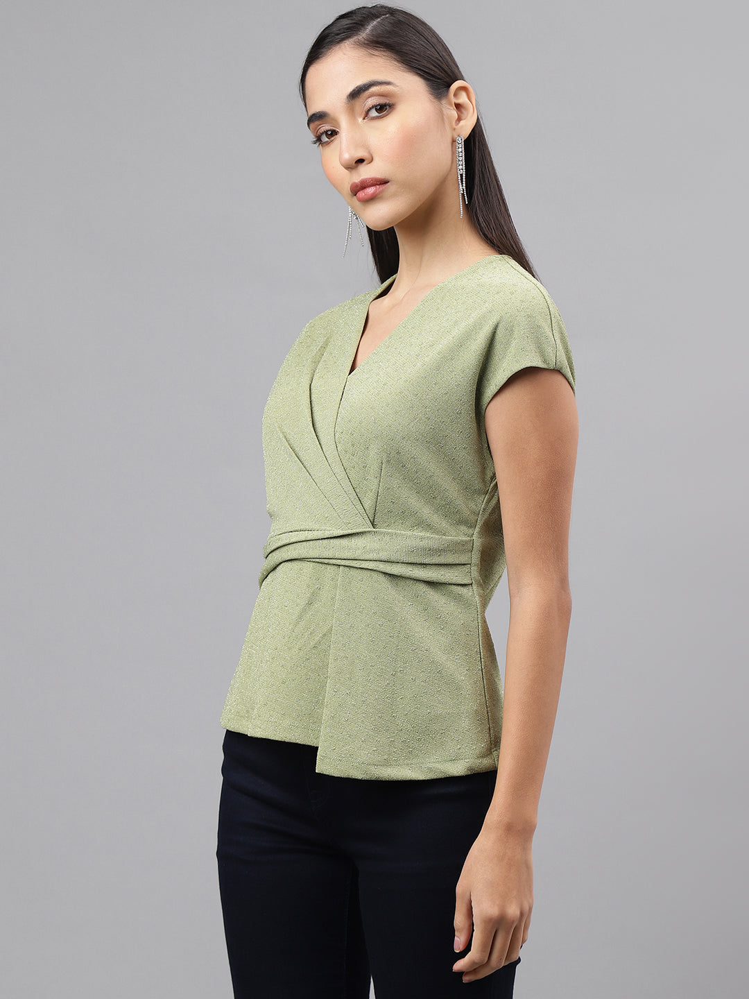 Green Cap Sleeve V-Neck Solid Knit Top