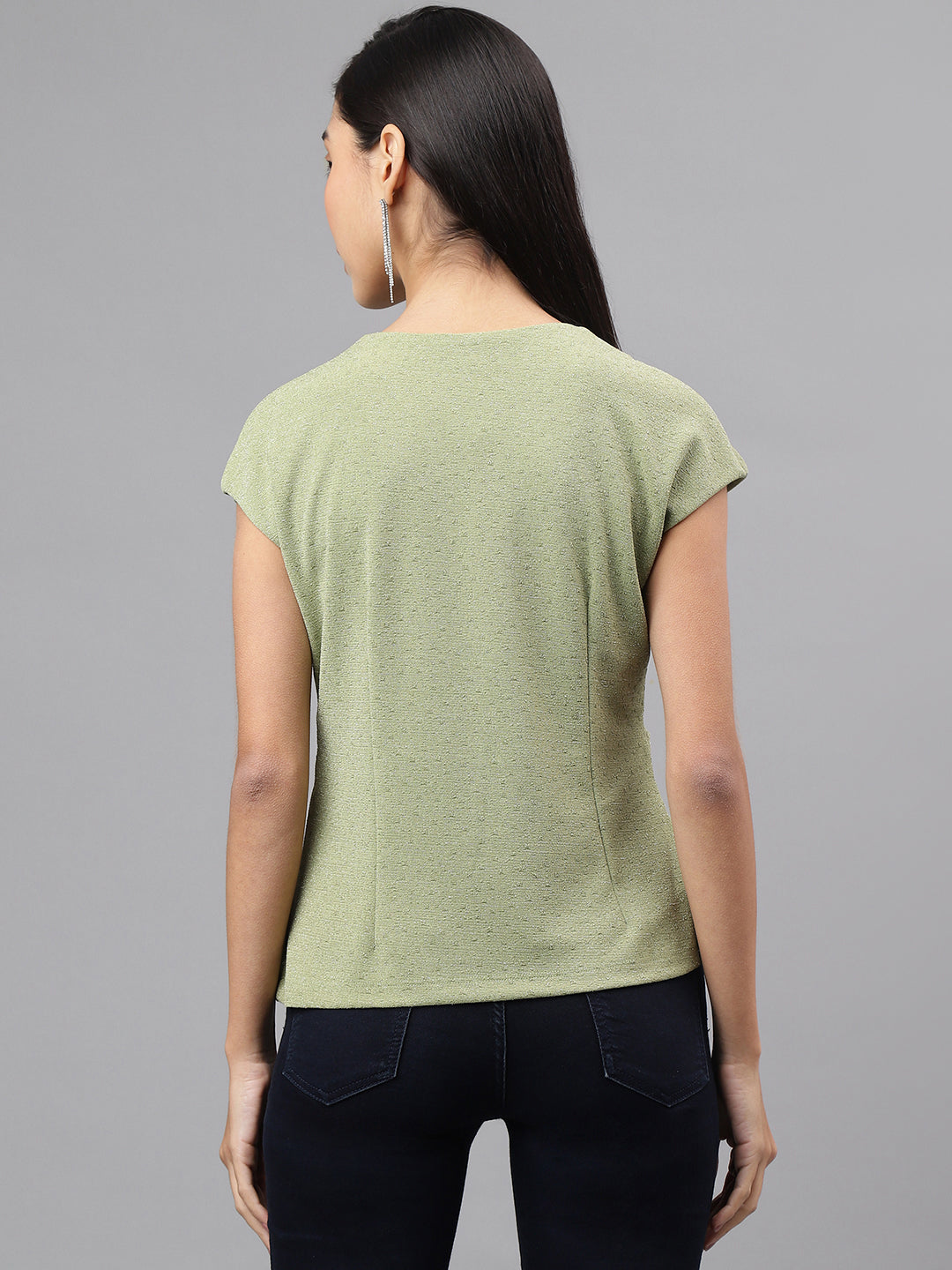 Green Cap Sleeve V-Neck Solid Knit Top