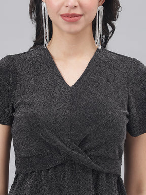 Black HalfSleeve V-Neck Women Solid Top