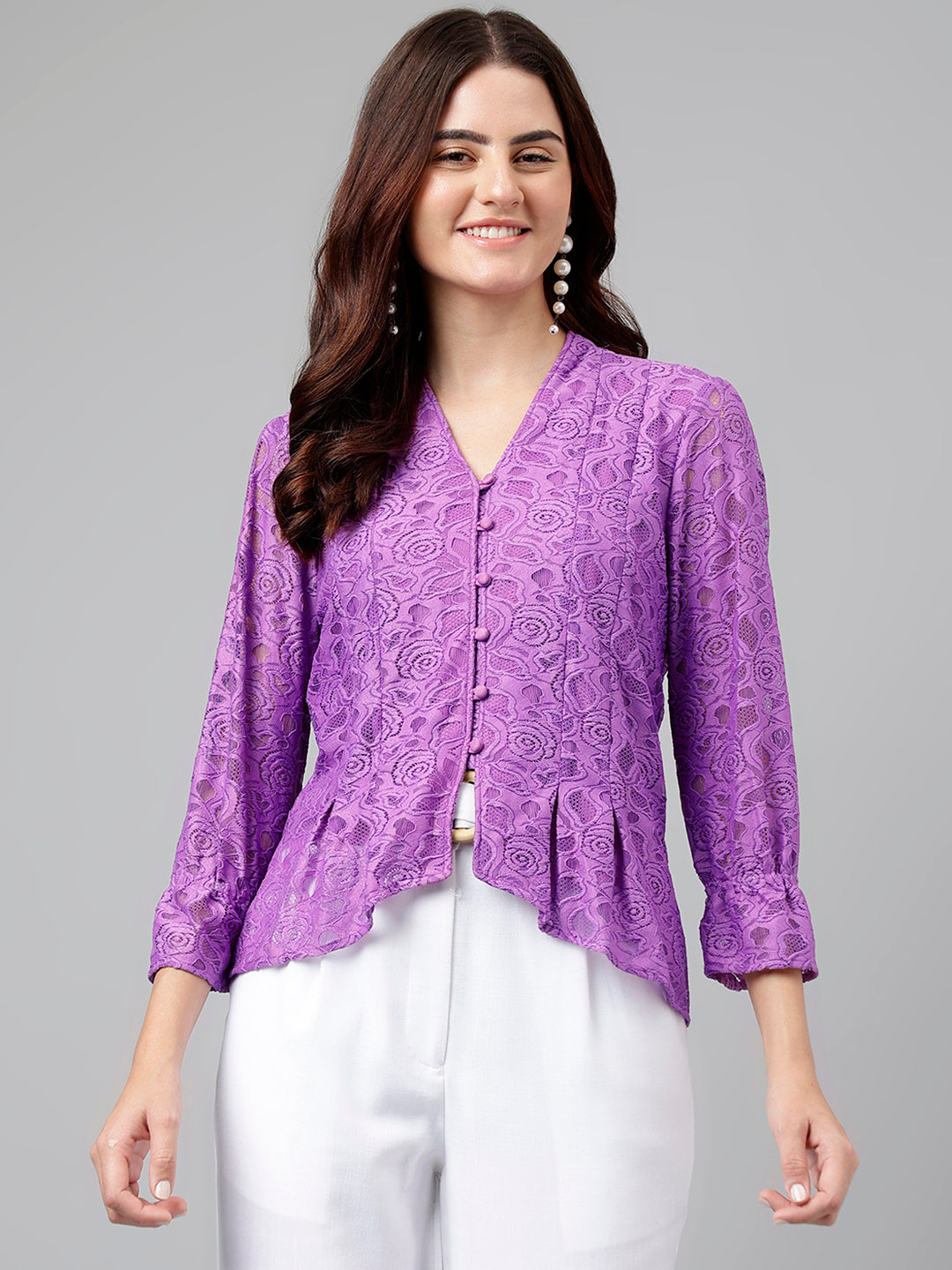 Lavender Solid Nylon Stretch Knit Top with Lace