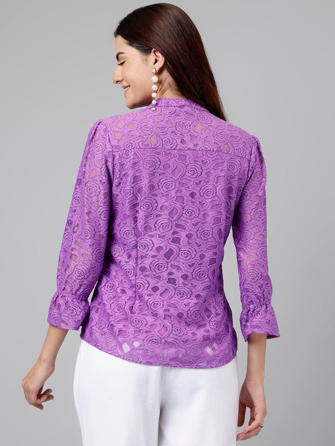 Lavender Solid Nylon Stretch Knit Top with Lace