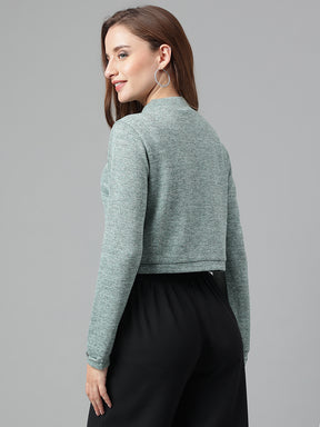 Latin Quarters Women Green Solid Full Sleeves Casual Crop Sweater