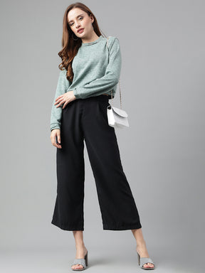 Latin Quarters Women Green Solid Full Sleeves Casual Crop Sweater